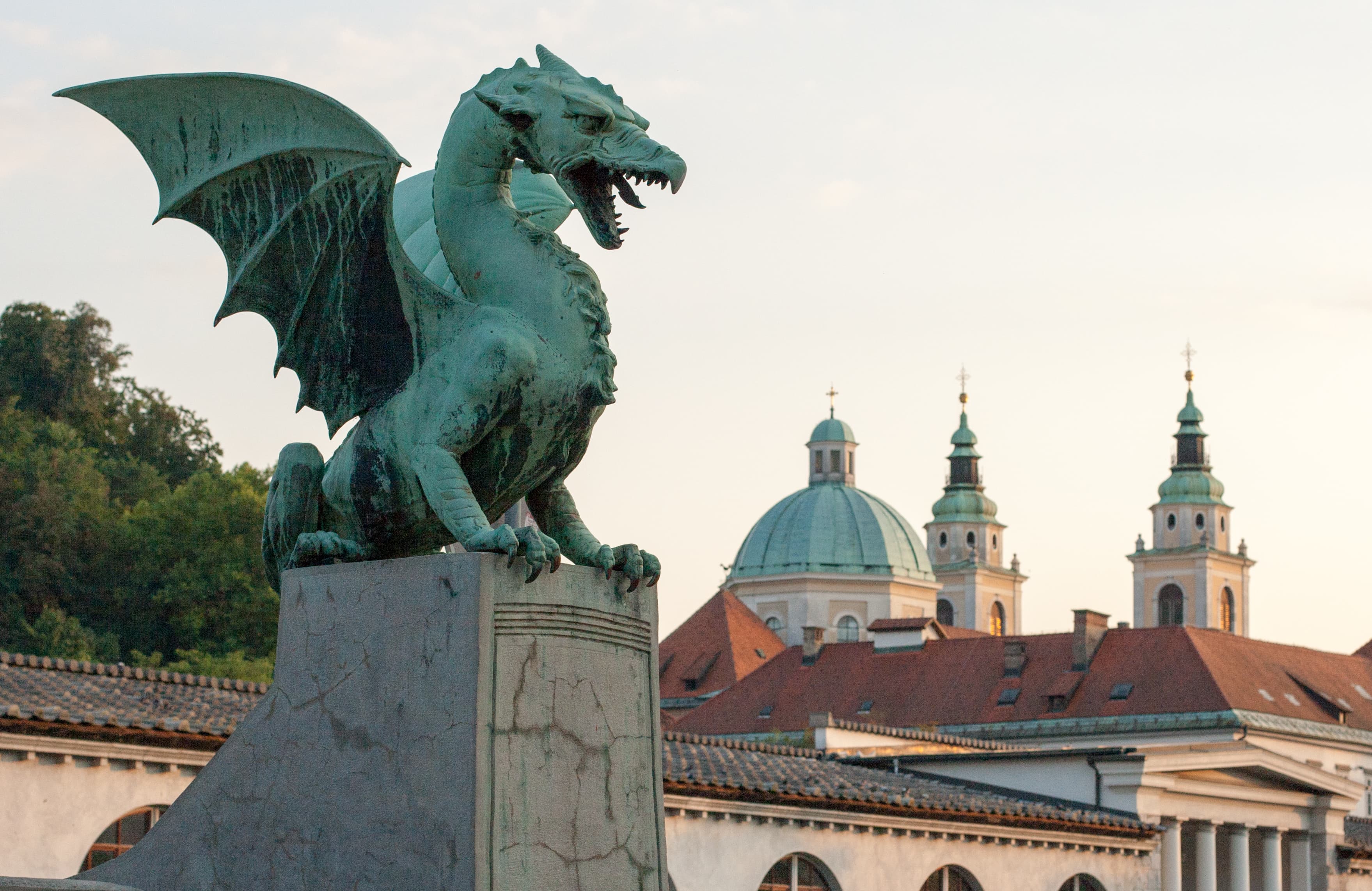 Ljubljana Castle above the old town and Triple Bridge on the Ljubljanica river, host city of the Volkswagen Ljubljana Marathon
