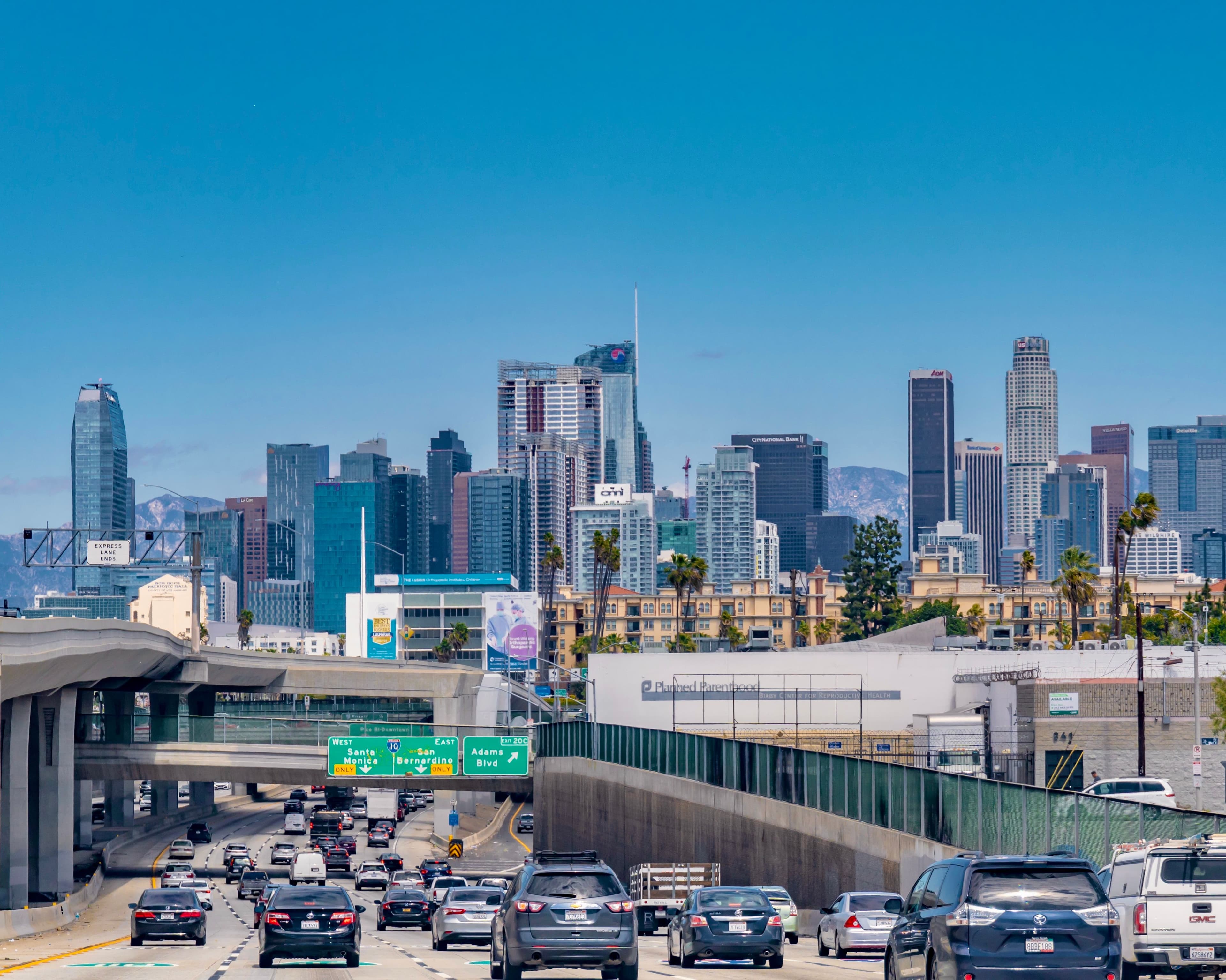 Runners competing in the Los Angeles Marathon on a sunny March morning with palm trees and the city skyline, Los Angeles, California