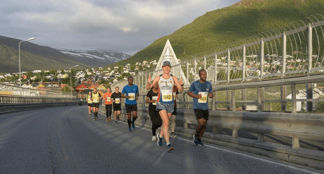 Runners crossing the Tromsø Bridge during the Midnight Sun Marathon in the warm evening light, with the mountain Tromsdalstinden and the town visible in the background