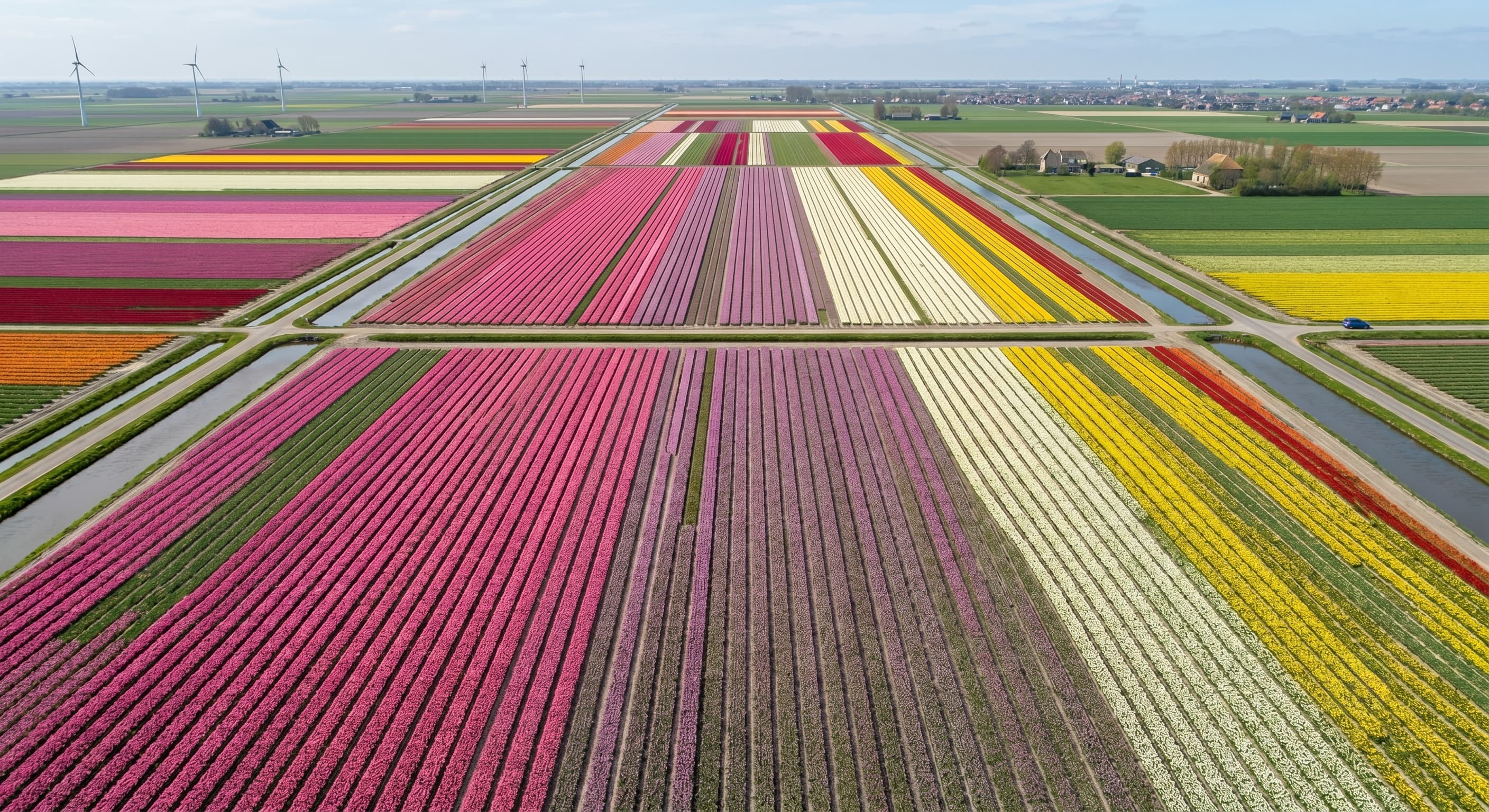 Aerial view of the Bollenstreek tulip fields showing geometric rows of pink, red, yellow, and white tulips separated by drainage canals