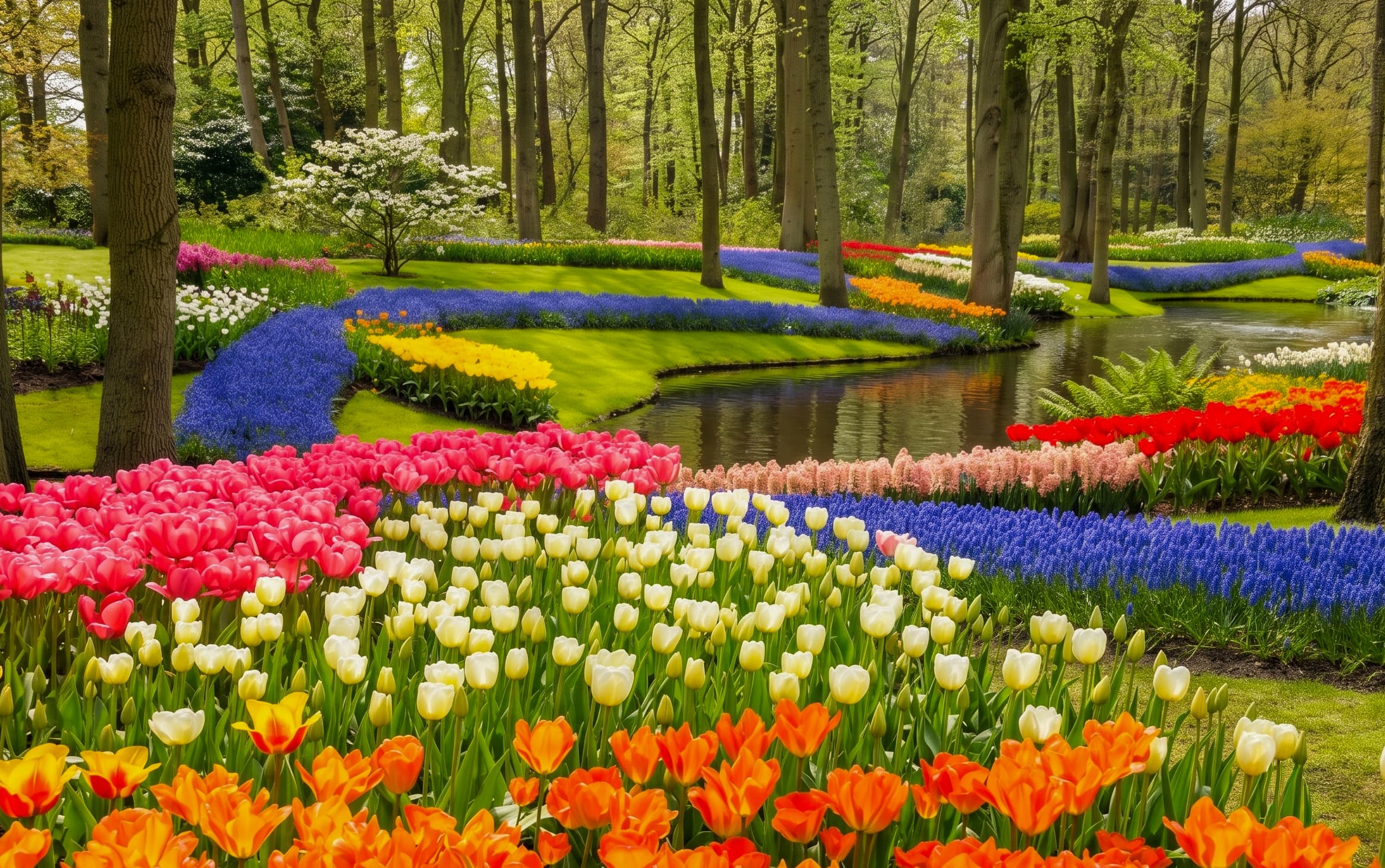Keukenhof garden in peak bloom with red, white, orange and blue flower beds curving around a woodland stream