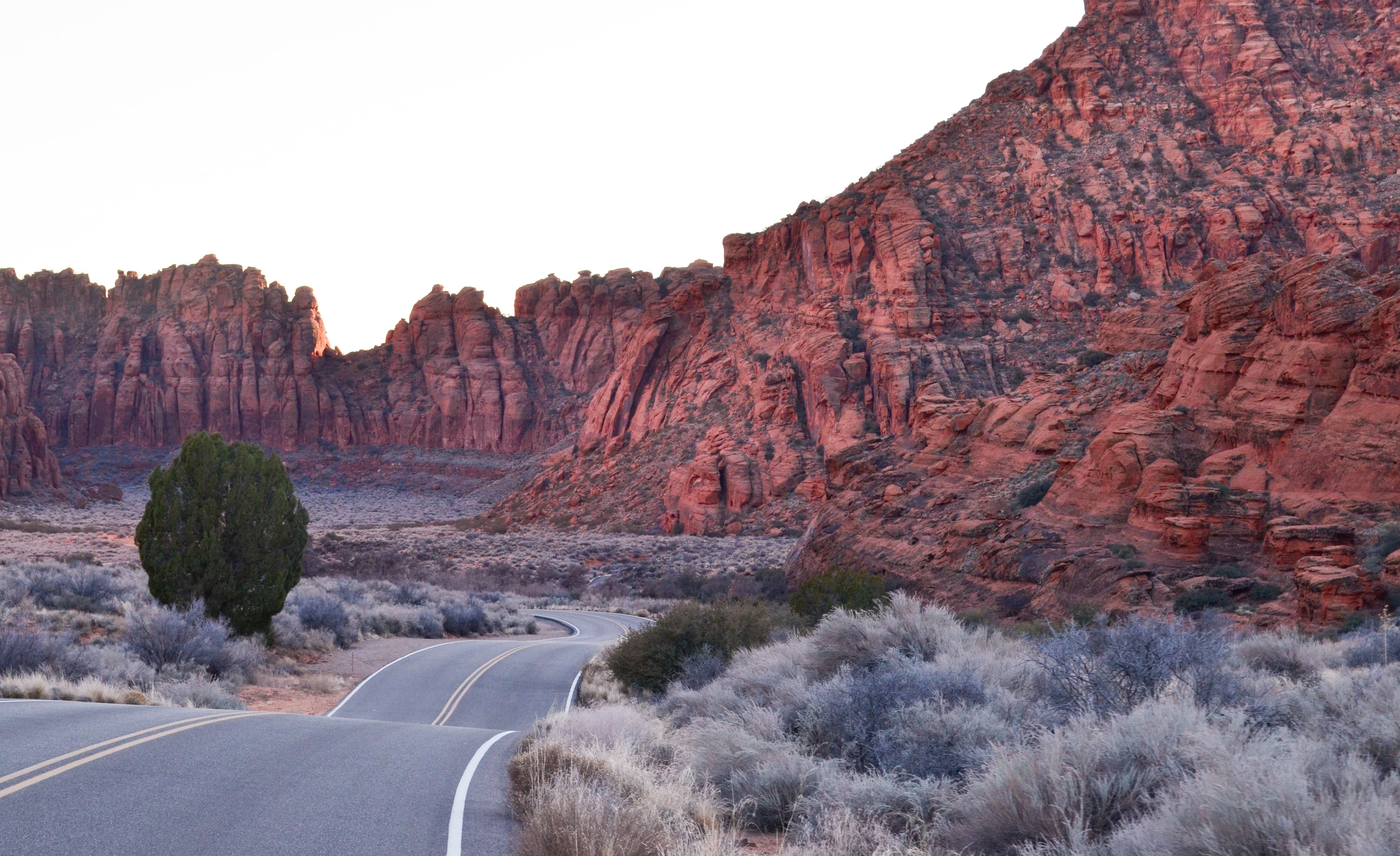 Runners on the St. George Marathon course descending through Utah's red rock canyon landscape toward the finish in downtown St. George