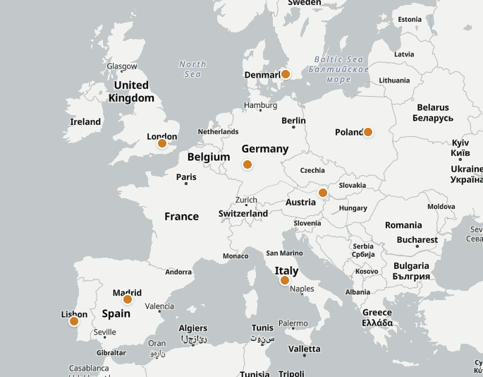 A map showing the cities of the European Marathon Classics series, one of four major marathon and half marathon circuits covered in this guide alongside the World Marathon Majors, SuperHalfs, and HypER 5