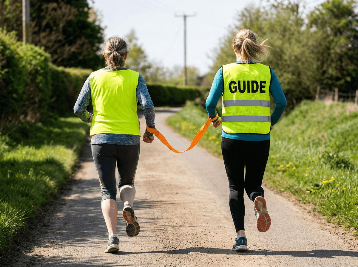 A guide runner and visually impaired athlete running side by side on a road marathon course, connected by a tether