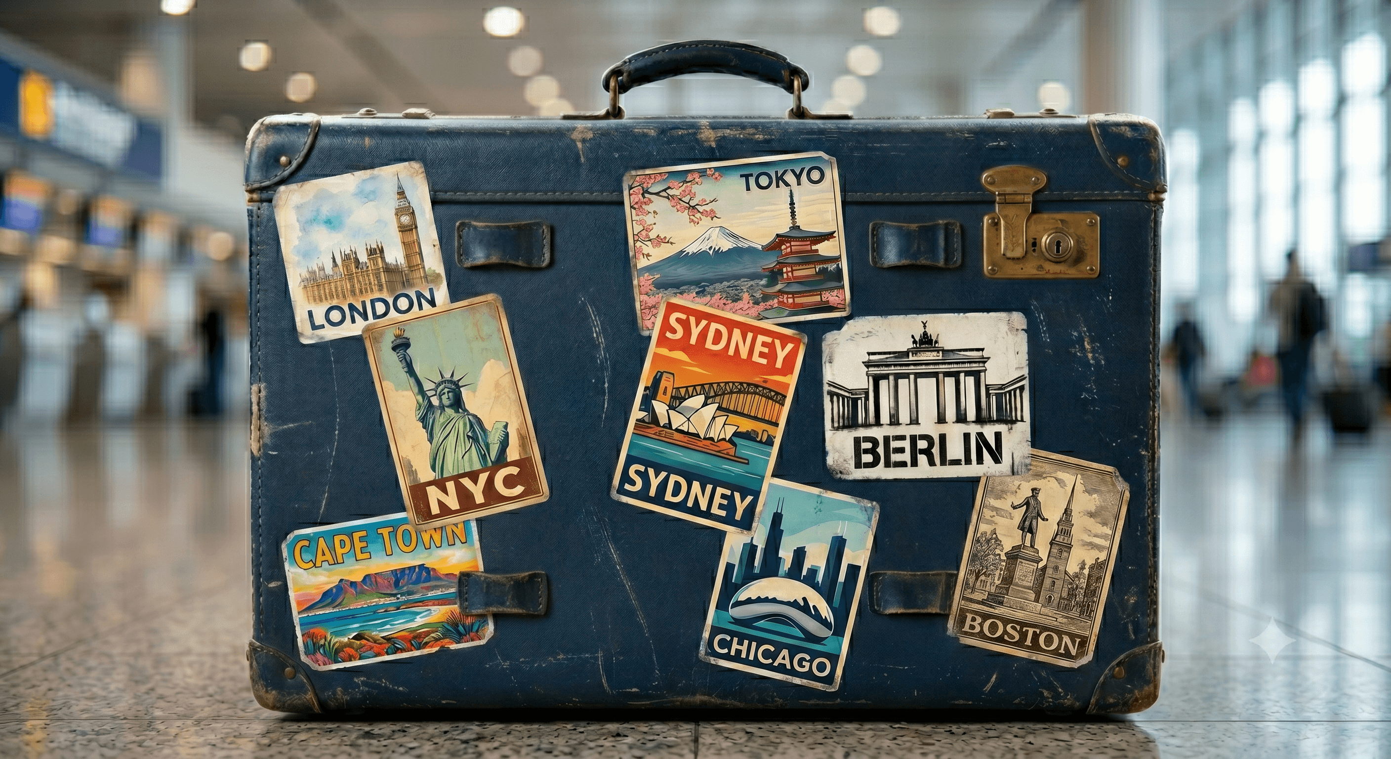A well travelled suitcase with stickers for each of the eight world marathon major cities