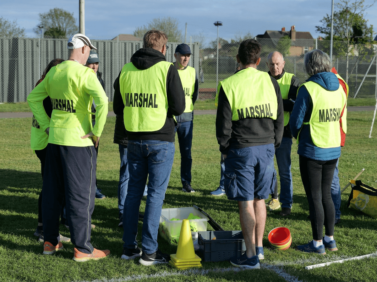 Race volunteers handing out drinks to runners at a water station during a road marathon