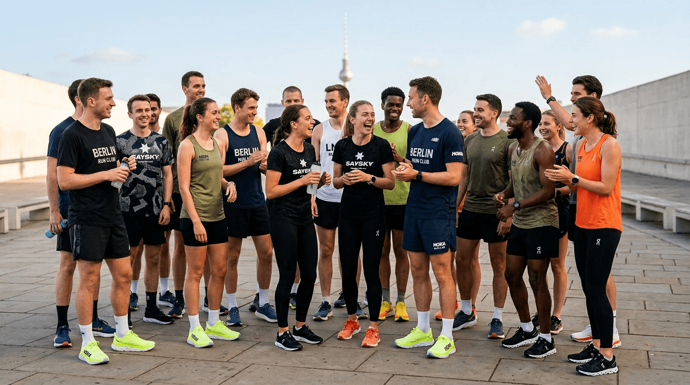 A group of young runners from a city run club gathered for a post-session photo, wearing matching running kit.